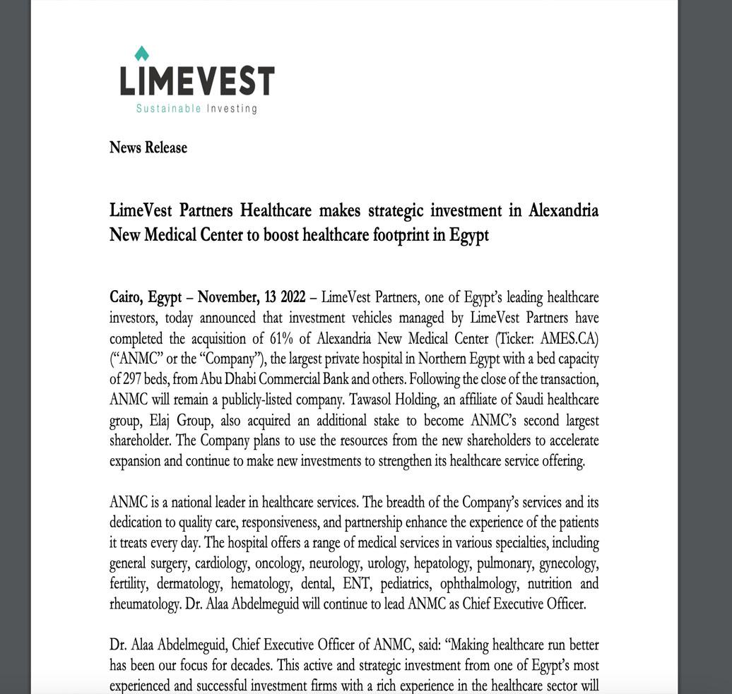Tawasol Holdings Partners with LimeVest Partners Healthcare in Egypt